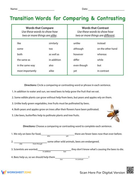 Transition Words For Comparing Contrasting Worksheet