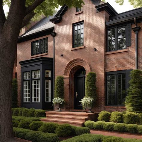 A Large Brick House With Black Windows And Trimmings On The Front Door