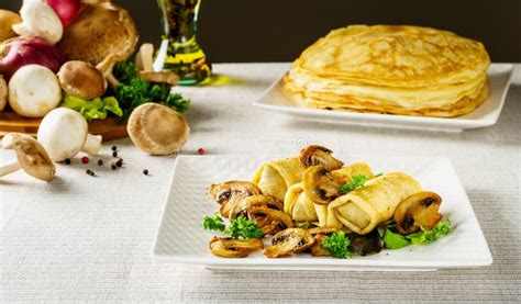 Hot Russian Pancakes or Blini with Mushrooms. Stock Image - Image of cake, holiday: 104215205