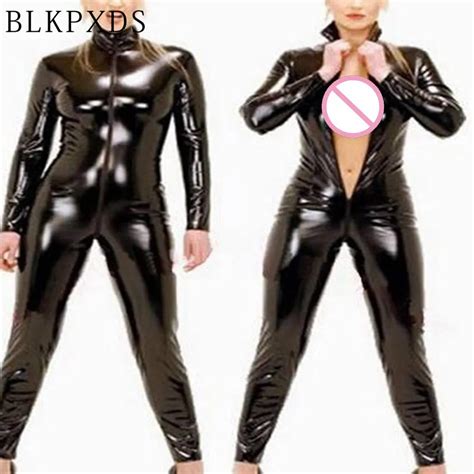 Novelty Black Turtleneck Long Sleeve Faux Leather Open Crotch Zipper Jumpsuits Spandex Women