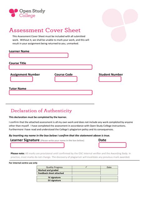 Open Study College Assessment Cover Sheet Fill And Sign Printable