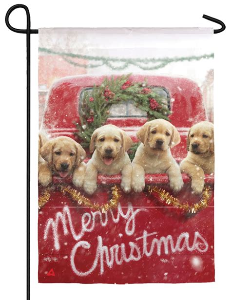 Merry Christmas Pickup Pups Suede Reflections Garden Flag I Americas