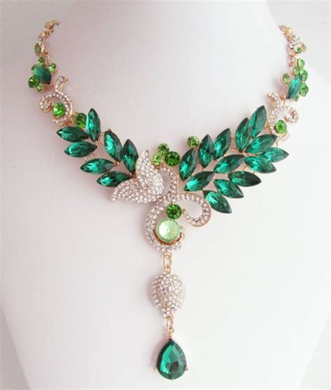 Emerald Green Rhinestone And Crystal Tear Drop Necklace Etsy