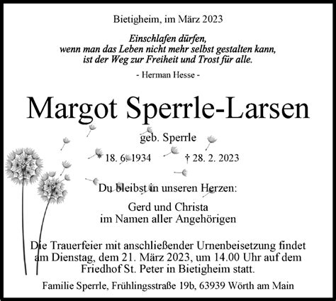 Traueranzeigen Von Margot Sperrle Larsen Stuttgart Gedenkt De