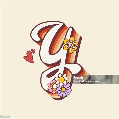 Groovy Retro Hippie Stylized Initial Letter Y With Flowers Seventies Letter For Nostatgic Print