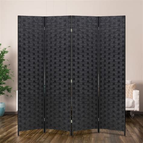 Fdw Wood Mesh Woven Design Panel Folding Screen Room Divider Black