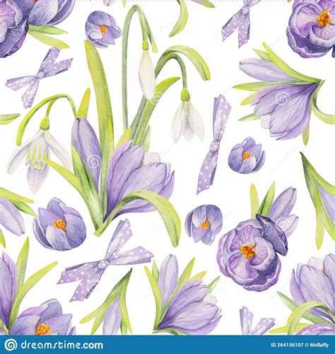 Watercolor Hand Drawn Seamless Pattern With Spring Flowers Crocus