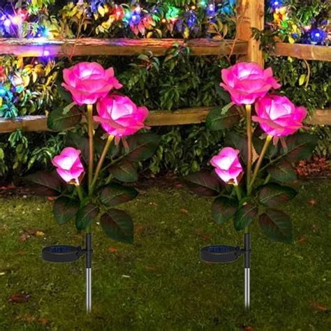 Anordsem Solar Rose Flower Lights Outdoor Waterproof 2 Pack Solar Pink