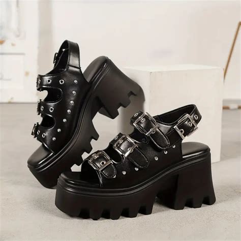 Women S Platform Chunky Heel Sandals Punk Style Gothic Open Temu