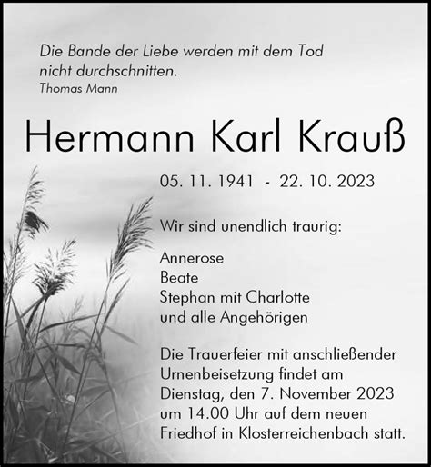 Traueranzeigen von Hermann Karl Krauß Schwarzwälder Bote Trauer