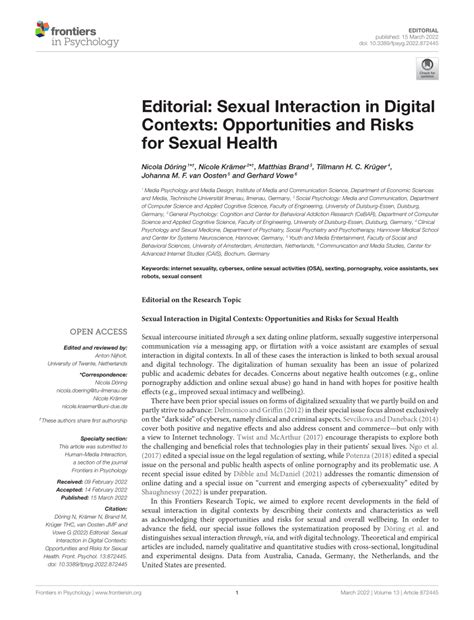 Pdf Editorial Sexual Interaction In Digital Contexts Opportunities