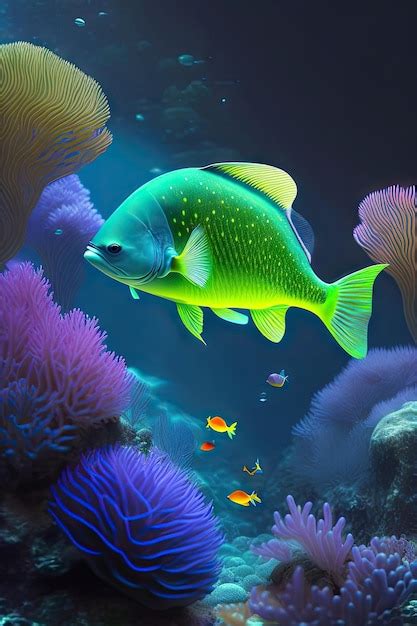 Premium AI Image Underwater Algae Bioluminescent Fish In Aquarium