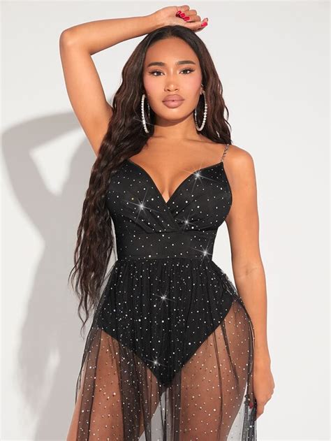 SHEIN SXY Contrast Sequin Mesh Overlay Cami Dress SHEIN USA