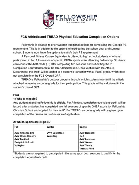 Fillable Online Fcs Athletic And Tread Physical Education Completion