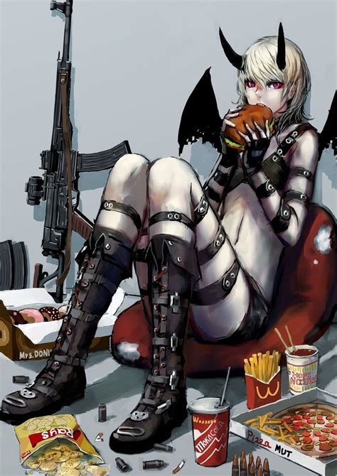 1girl Assault Rifle Bean Bag Boots Brand Name Imitation Bullet Chips