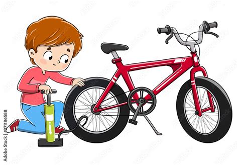 Niño reparando una bicicleta llenando la rueda de aire Stock イラスト