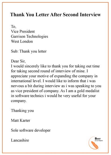 Thank You Letter After Interview Format Sample Example