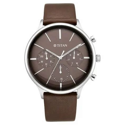 Round Titan Quartz Multifunction Brown Dial Leather Strap Watch For Men