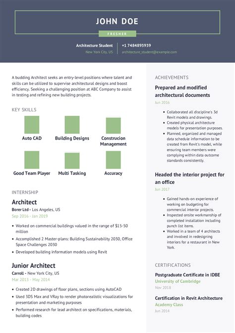 Architecture Student Resume Example With Content Sample Craftmycv