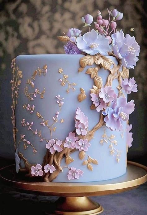 Blue and Gold Cake with Flowers