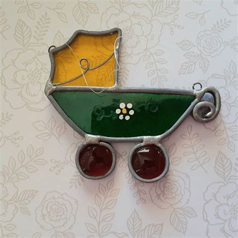 Stained Glass Baby Carriage Green Yellow Red Suncatcher Ornament