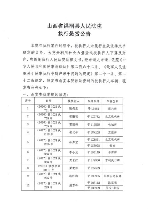 洪洞县人民法院发布执行（车辆）悬赏公告（第一期）