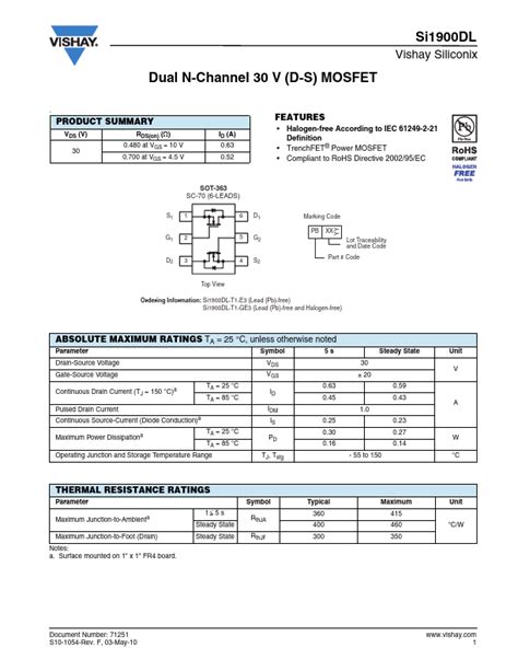 SI1900DL Vishay Siliconix MOSFET Hoja de datos Ficha técnica