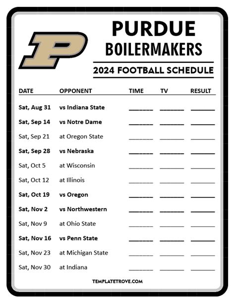 Printable Purdue Boilermakers Football Schedule