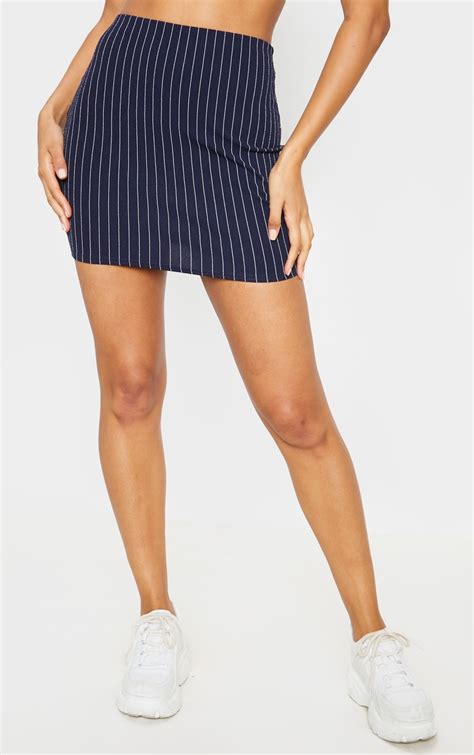 Navy Pinstripe Print Mini Suit Skirt Prettylittlething