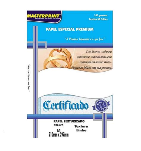 Papel Vergê A4 Premium branco 180g c 50 folhas texturizadas Dalba