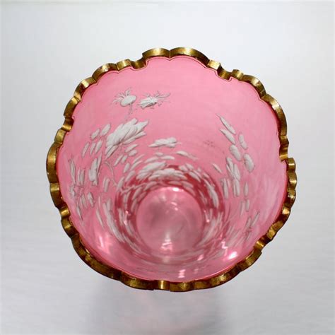 Antique Bohemian Cranberry Overlay Cut To Clear Glass Vase With Roses Chairish