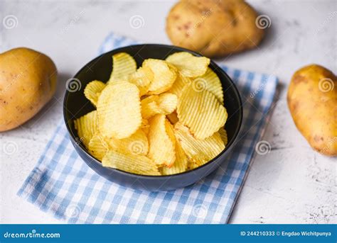 Potato Chips Snack On Bowl Crispy Potato Chips On The Kitchen Table