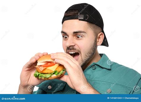 Handsome Man Eating Tasty Burger Stock Image Image Of Cuisine Food