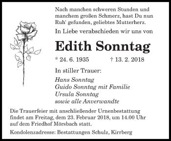 Traueranzeigen Von Edith Sonntag Saarbruecker Zeitung Trauer De