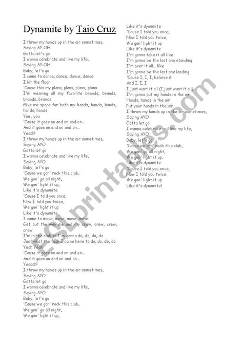 Tao Cruz_Dynamite song with lyrics - ESL worksheet by Entropy