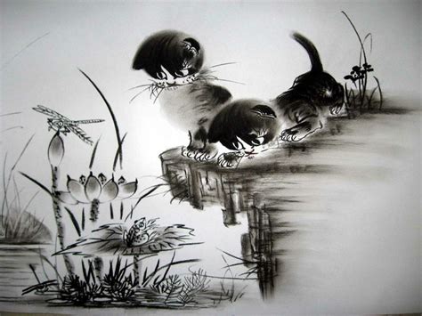 Chinese Charcoal Cat Drawing Art Cat Drawing Charcoal Drawing