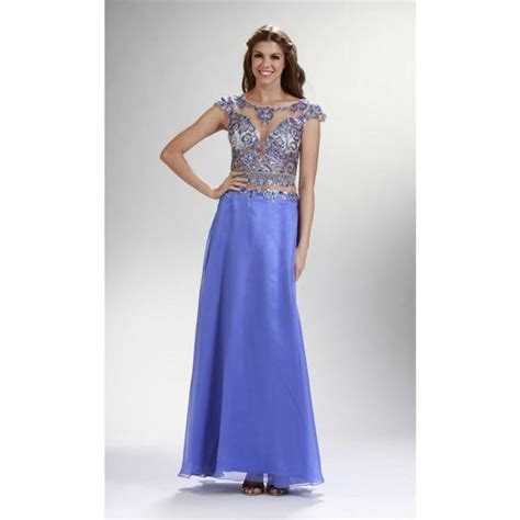 Bateau Neckline Cap Sleeve Long Lavender Chiffon Beaded See Through Prom Dress