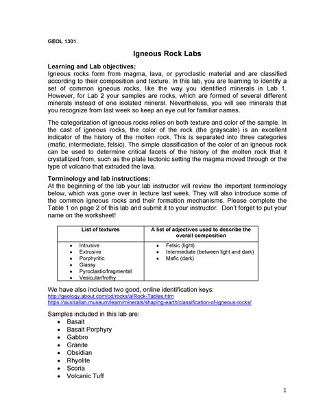 Geol Lab Igneous Rocks Final Geol Igneous Rock