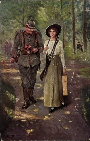 Künstler Ak Deutscher Soldat in Uniform Frau mit Gewehr Wald