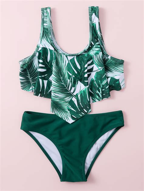 Conjunto de bikini de dobladillo hankí tropical para niña preadolescente para la playa de