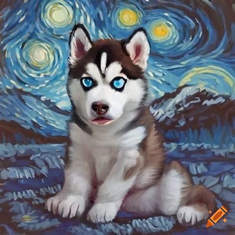 Starry Night Style Painting Of A Baby Siberian Husky On Craiyon