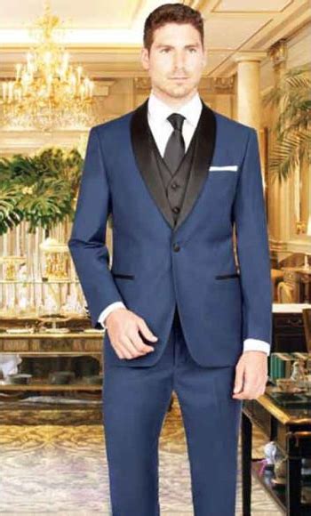 Men S 1 Button French Blue Shawl Lapel Vest Tuxedo Suit