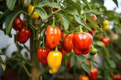 Premium AI Image Sweet Red Pepper Growing In Greenhouse At The Farm