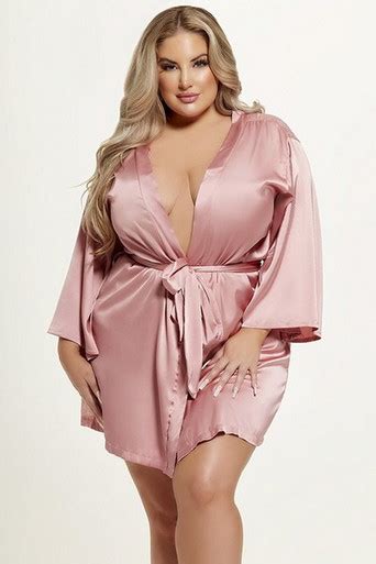 Plus Size Pink Helena Satin And Lace Lingerie Robe Spicy Lingerie