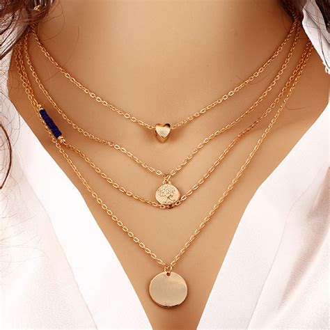 Fashion Multi Layer Heart Round Beads Statement Pendant Necklace Gold Chain Choker Collar Women