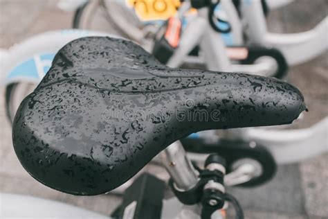 Closeup Of A Wet Bicycle Seat After Rain Of Bike Stock Image Image Of Closeup Black 257064385