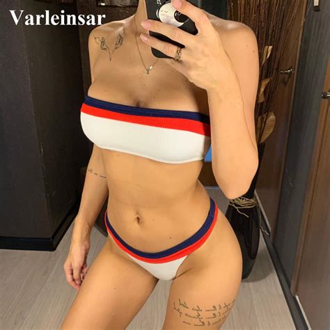 Ribbed Bandeau Bikini Female Swimsuit 2019 Women Swimwear Two Pieces