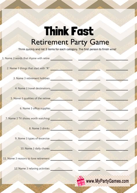 Free Printable Think Fast Game For Retirement Party