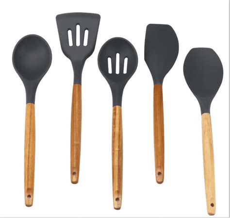 Non Stick Silicone Cooking Utensils Set With Natural Acacia Hard Wood Handle 5 Piece High Heat