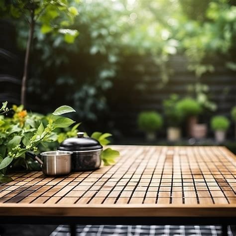 Premium Photo A Wooden Table With A Black And White Tablecloth And A